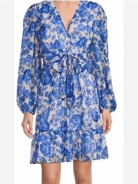 Alex Marie 6 Simone Cobalt Floral Print Puff Sleeve Tiered Wrap V-neck Dress